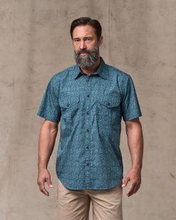 Washed Short Sleeve Feather Cloth Shirt - Blue Print